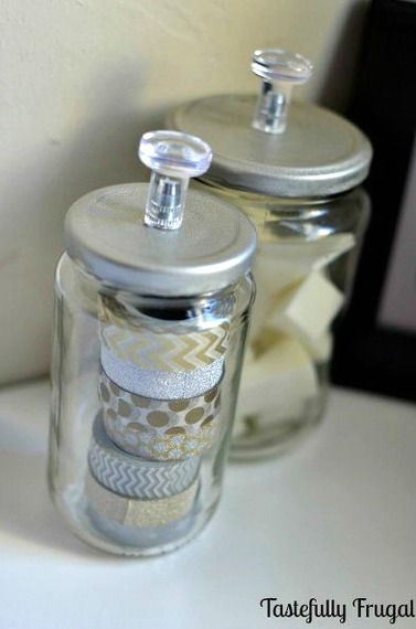 Add knobs to glass jars to create cute craft or makeup containers