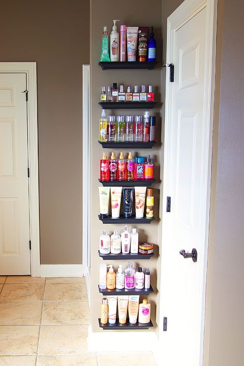 Organize Overflowing Bathroom Beauty Products with Crown Molding Shelves