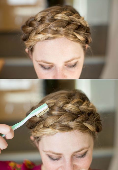 Texturize milkmaid braids with a teasing brush or toothbrush