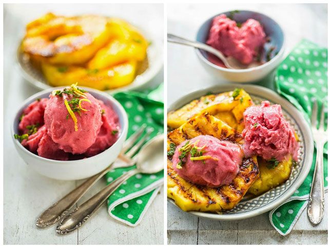 Strawberry Frozen Yogurt with Grilled Pineapple