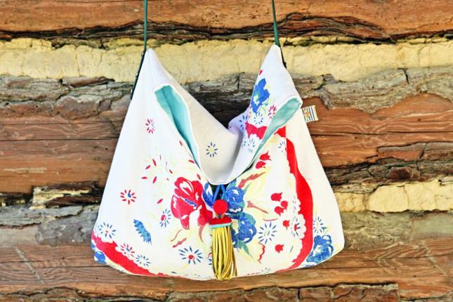 Repurposed Vintage Tablecloth Cross Body Tote