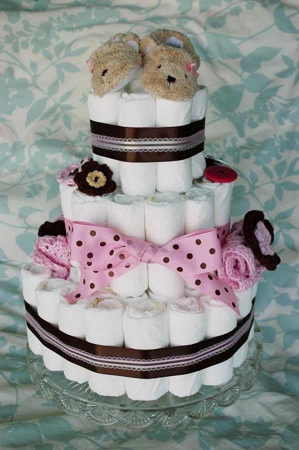 Personalized Brown and Pink Diaper Cake