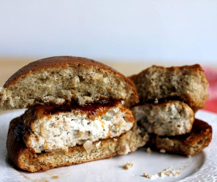 Goat Cheese Stuffed Turkey Burgers with Tangy Peach BBQ Sauce