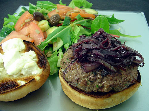 Bison Burgers with Pinot Noir Onions & Goat Cheese