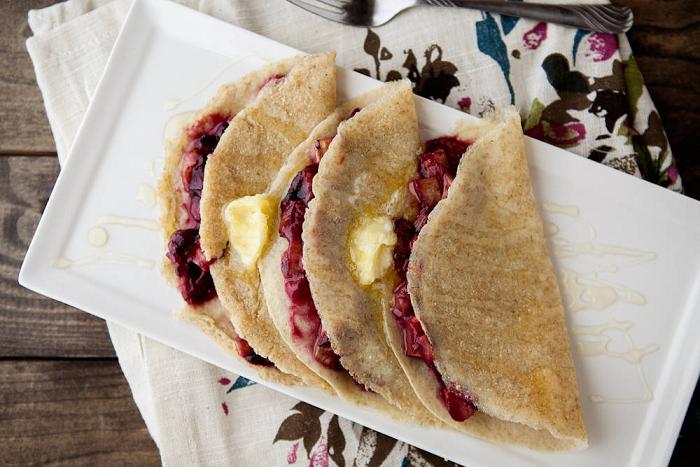 Roasted Blueberry and Rhubarb Crepes with Honey and Butter