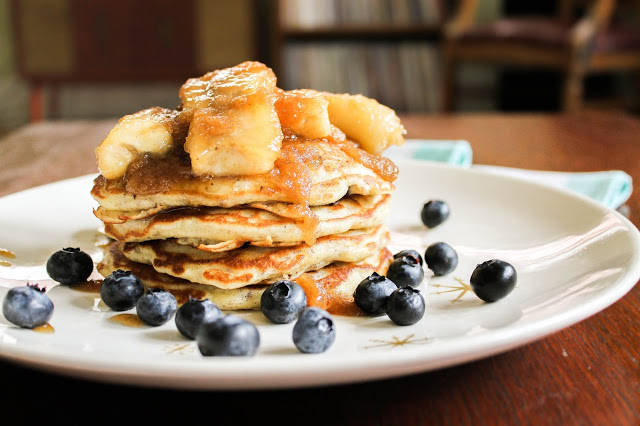 Blueberry Flax Pancakes with Caramelized Bananas