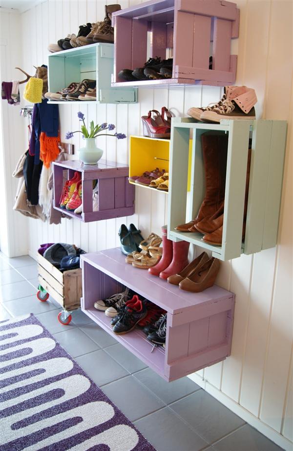 Colorful Shoe Storage From Unused Wooden Crate Box