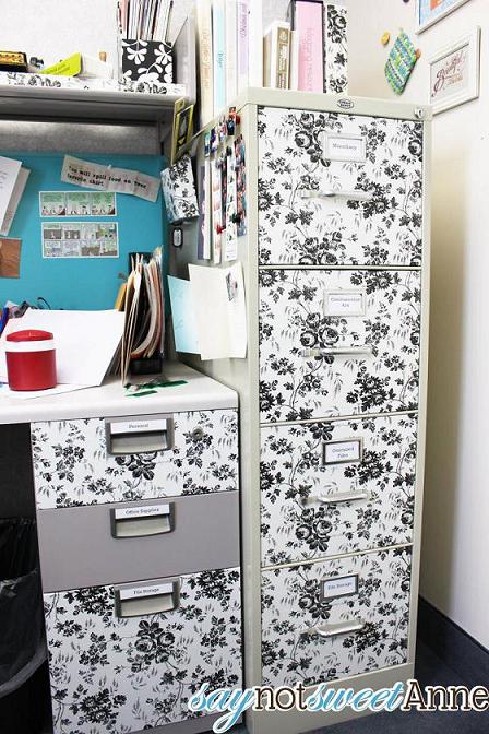 Use shelf liner to decorate the face of your filing cabinets or desk