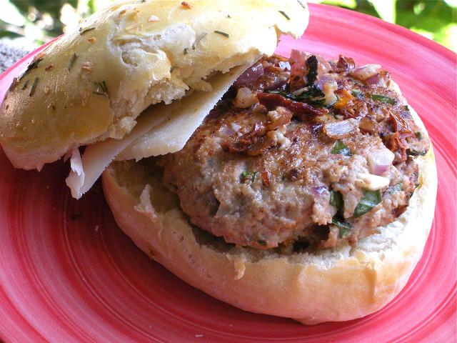 Sun dried Tomato and Basil Veal Burger on Rosemary Onion Rolls
