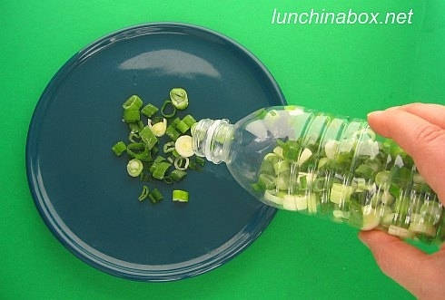 Freeze chopped green onions in plastic drink bottles