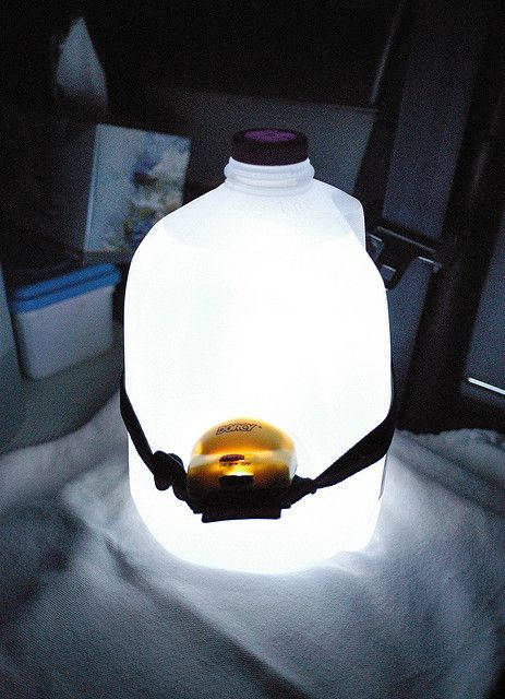 Point a head lamp into a jug of water for an instant lantern