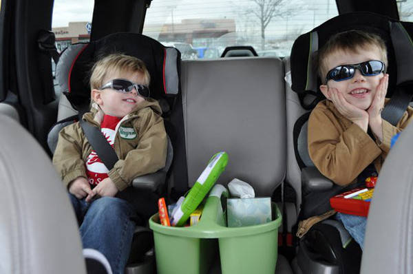 A shower caddy keeps everything organized on a long car journey