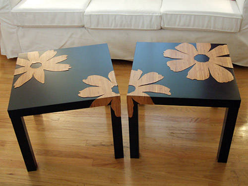Bamboo veneer flowers + Ikea Lack tables