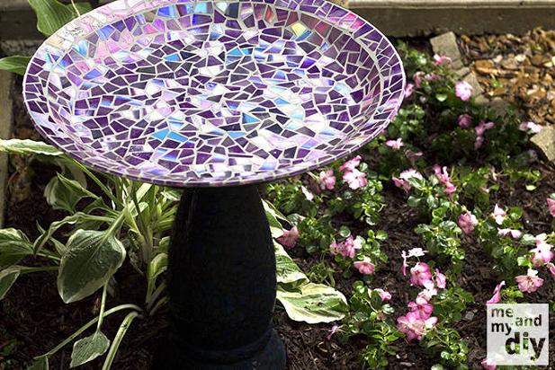 Mosaic Tile Birdbath using Recycled DVDs