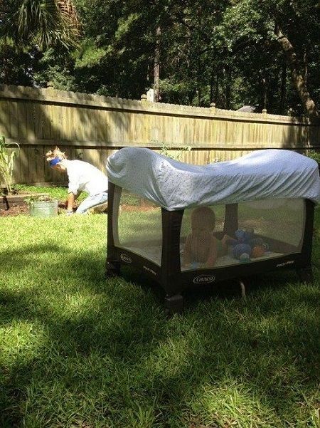 A crib sheet provides shade and protection from bugs