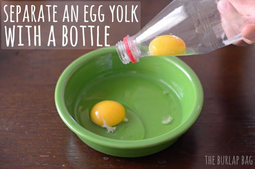 Separate an egg yolk from the white with a bottle