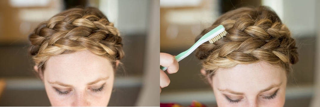 Texturize milkmaid braids with a teasing brush or toothbrush