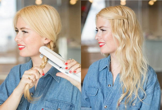 Braid your hair, then heat it up by pressing a flat iron over it to make imperfect waves