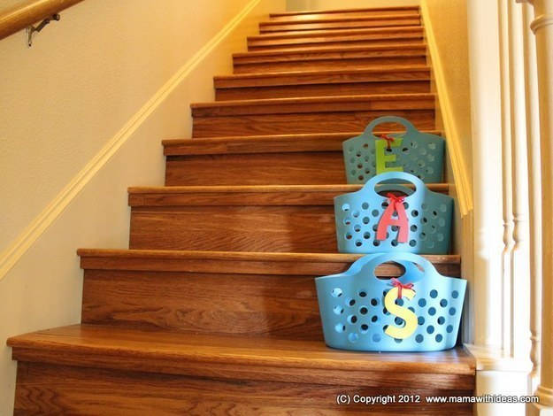 Leave baskets on the stairs for kids to place their loose toys