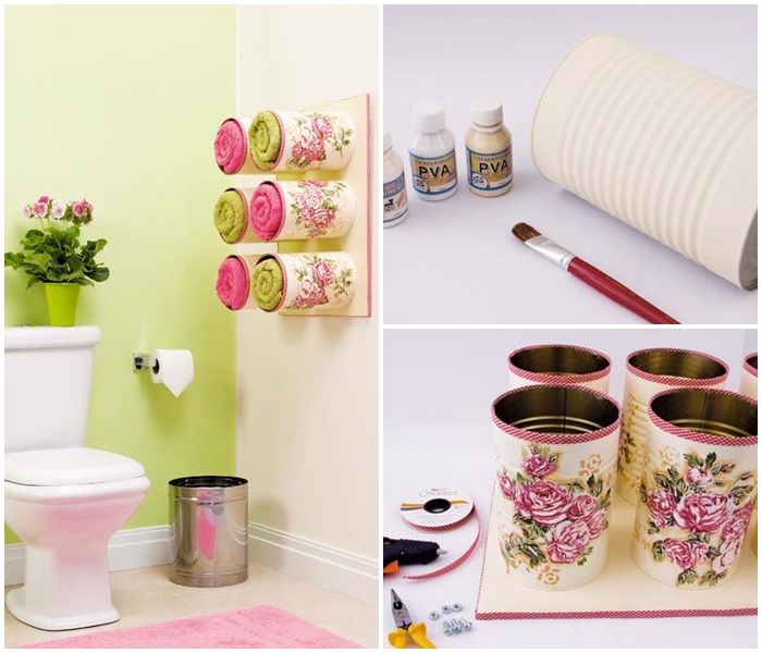 Towel Storage Made of Decoupaged Tin Cans
