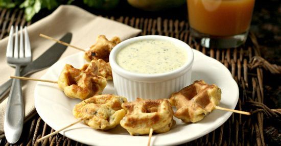 Caribbean Shrimp Stuffed Waffle Pops and Mango Cilantro Dip
