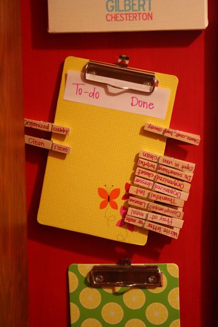 Chore chart using clip boards and clothes pins