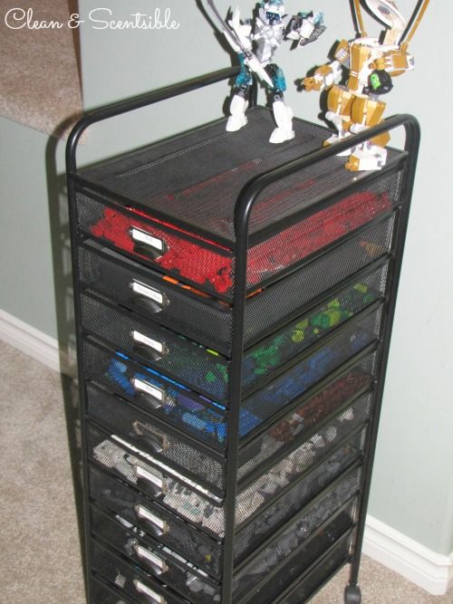 Store Legos in little storage units, sorted by colors