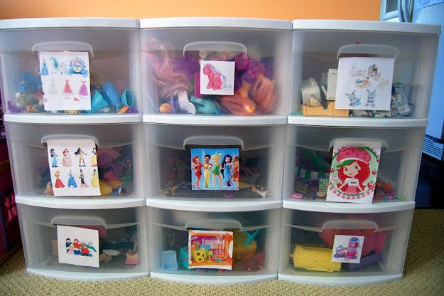 Label toy drawers with photos of the toys for easy organization