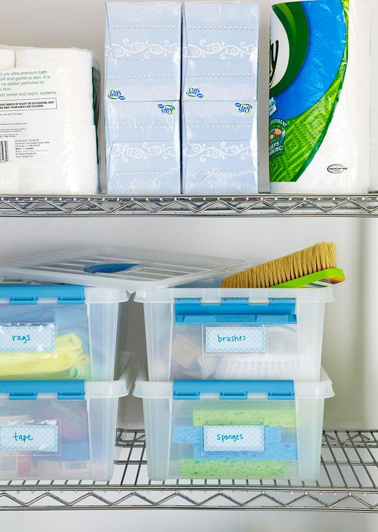 Clear plastic bins are a sensible solution for stocking small items