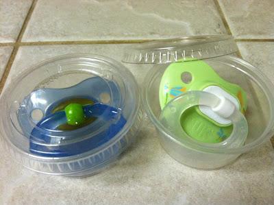 Basic souffle cups make for easy storage of pacifiers