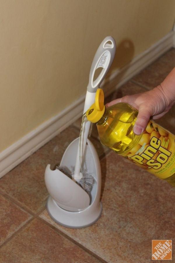Keep your toilet brush clean and smelling fresh by pouring a bit of Pine-Sol in the bottom of the holder