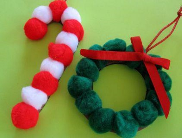 Candy Cane and Wreath Pom Pom Ornaments