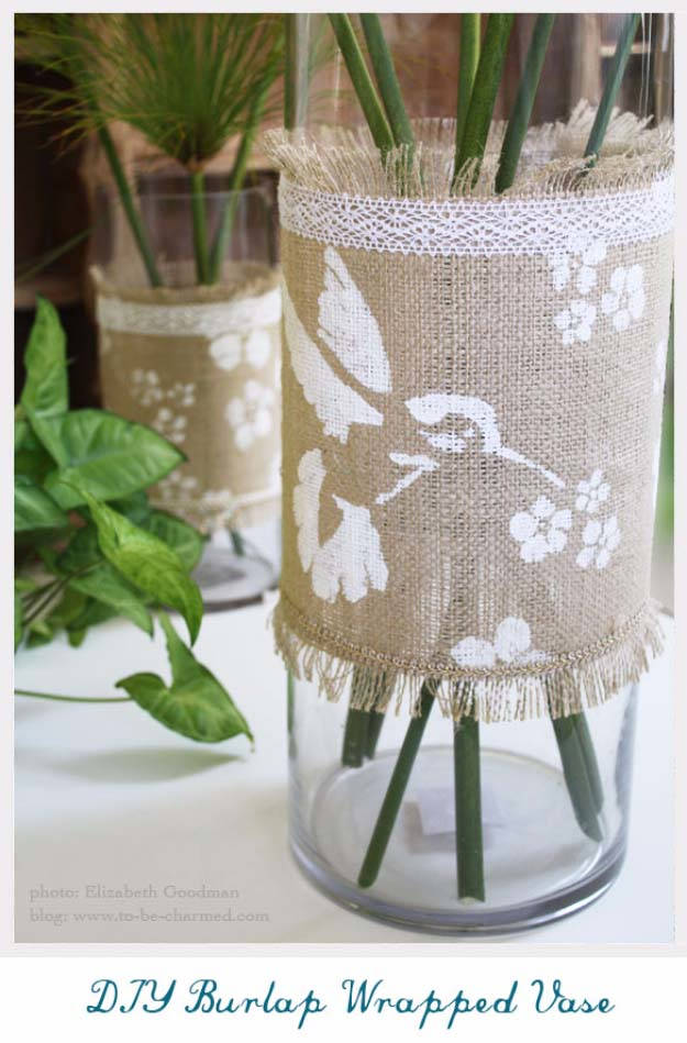 Burlap Wrapped Vase Embellished with Stencils and Lace