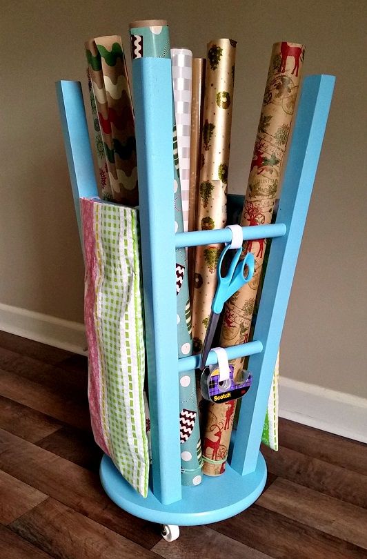 Upcycled Kitchen Stool Gift Wrap Caddy