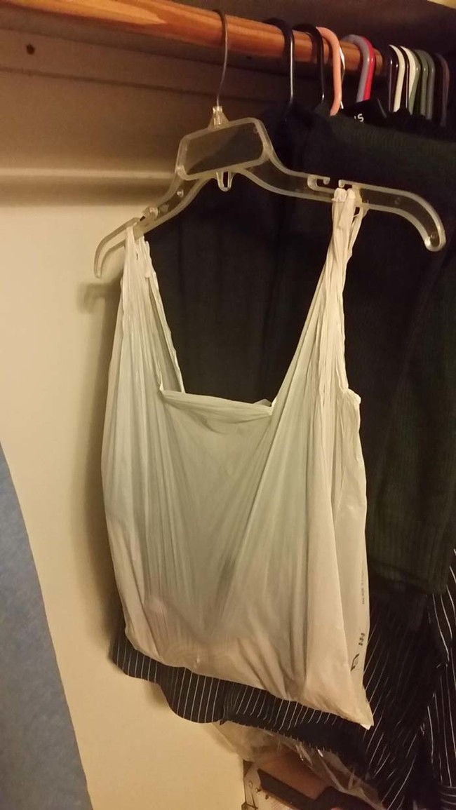 Out of drawer space for socks, put a grocery bag on a hanger in the closet