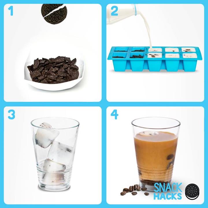Pour milk and crushed Oreo cookies into an ice cube tray, then freeze for the best iced coffee ever