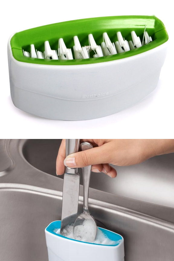 A Sink Mounted Scrubber For Silverware, Knives And Cooking Utensils