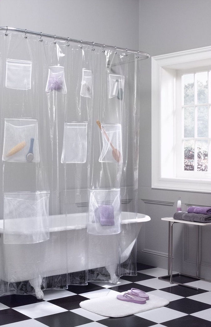 Shower Curtain with Built-in Pockets