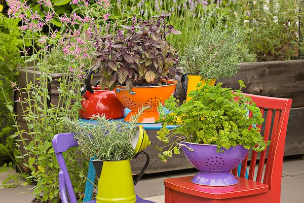 Colorful colanders turned into planters